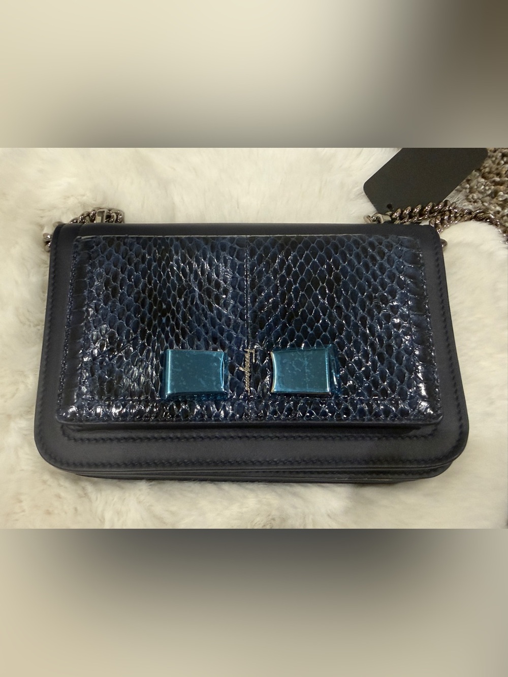 NEW - Salvatore Ferragamo Navy Blue Snake-Embossed Crossbody Bag